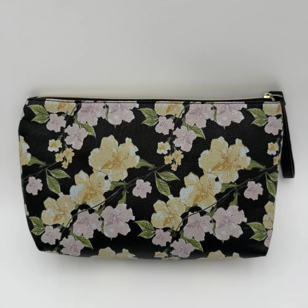 Steve Madden Floral Cosmetic Bag Clutch Black Zip Opening‎